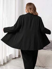 SHEIN CURVE+ Plus Size Solid Color Front Button Belted Elegant Business Casual Long Sleeve Blazer Jacket,Summer, 2026 22W Office Dates Formal Black - Black - View 2
