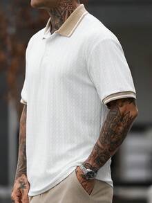 Manfinity CasualCool 男士休閒時尚拼接短袖 Polo 衫套裝，外出必備，適合送給家人與男友的禮物 - 卡其色 - 查看 6