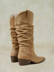 Styleloop 2026 New Thick Heel High Tube Elastic Slip-On Women's Boots Fashionable Natural Wrinkled Western Boots Fall Shoes - Apricot - View 8