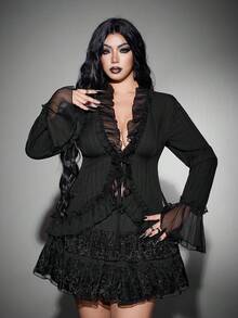 Whyspr Plus-Size Women's Ruffled Hem Bell Sleeve See-Through Halloween Goth Top Fall - Black - View 2