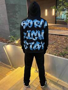 SHEIN 兒童青少年男孩休閒極簡時尚經典人像圖案印花，大字母圖案印花連帽套頭長袖衛衣與喇叭褲2件套，適合秋冬 - 藍色 - 查看 4