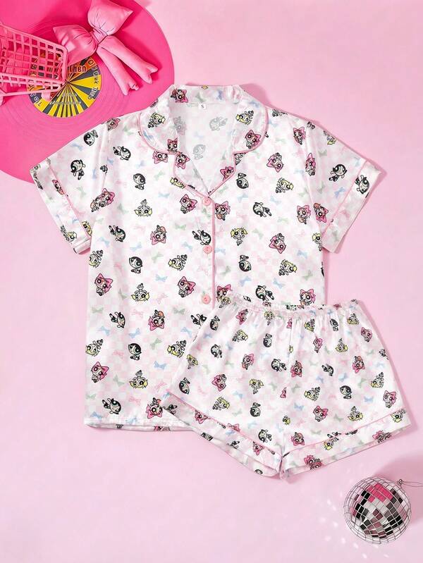 THE POWERPUFF GIRLS X POKOJA LAND 2-Piece Pajama Set With Shorts, Cute Cartoon Print, Satin Material, Soft Breathable Fabric, Gentle On Skin, Cozy Loungewear Essential, For Ladies, Stylish For Lounging