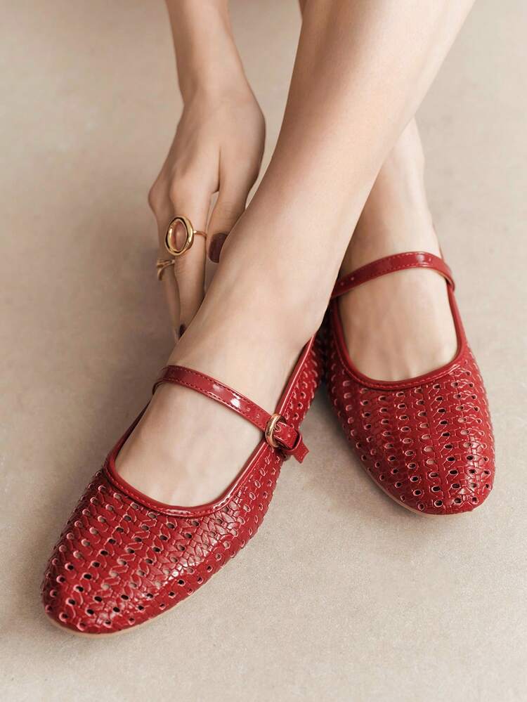 Rosivie New Woven Hollow Mary Jane Shoes, Low-Heeled Breathable Soft-Soled Shoes, Women's Versatile Casual Flats - Burgundy - View 4