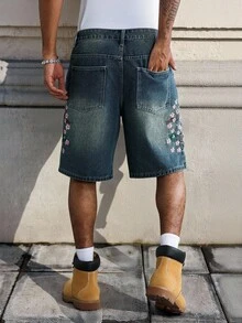 Manfinity EMRG Men's Streetwear Casual Embroidered Blue Denim Shorts - Medium Wash - View 2