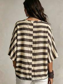Trelyra Vintage Striped V-Neck Drop Shoulder Loose Top, Bohemian Style Colorblock Striped Drop Shoulder Short Sleeve Blouse - Brown - View 2