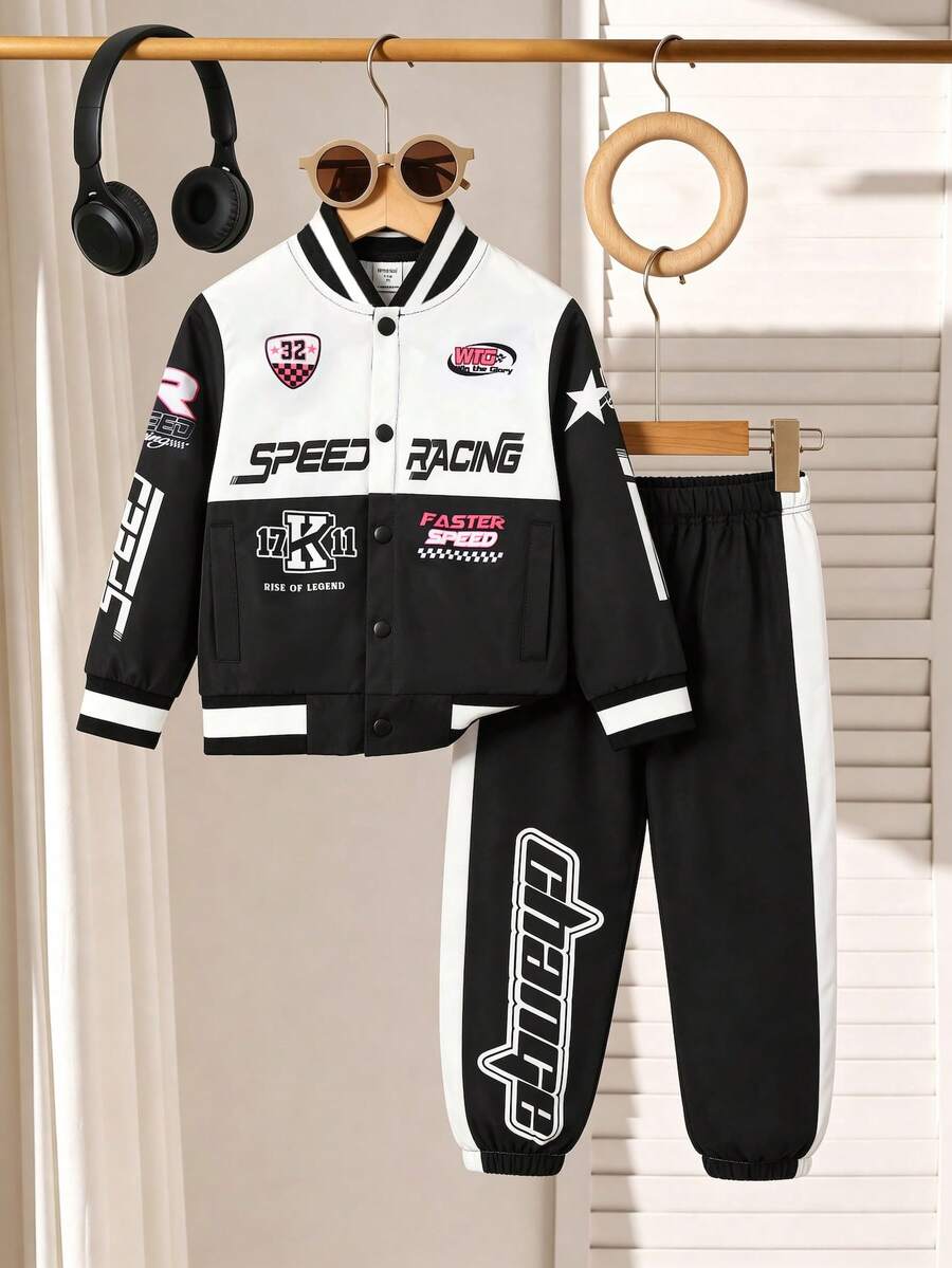 SHEIN 2件組小男孩秋冬時尚休閒紅黑對比色字母印花賽車棒球夾克與鬆緊腰長褲,適合4-7歲男孩外出、購物等場合 - 黑色 - 查看 1