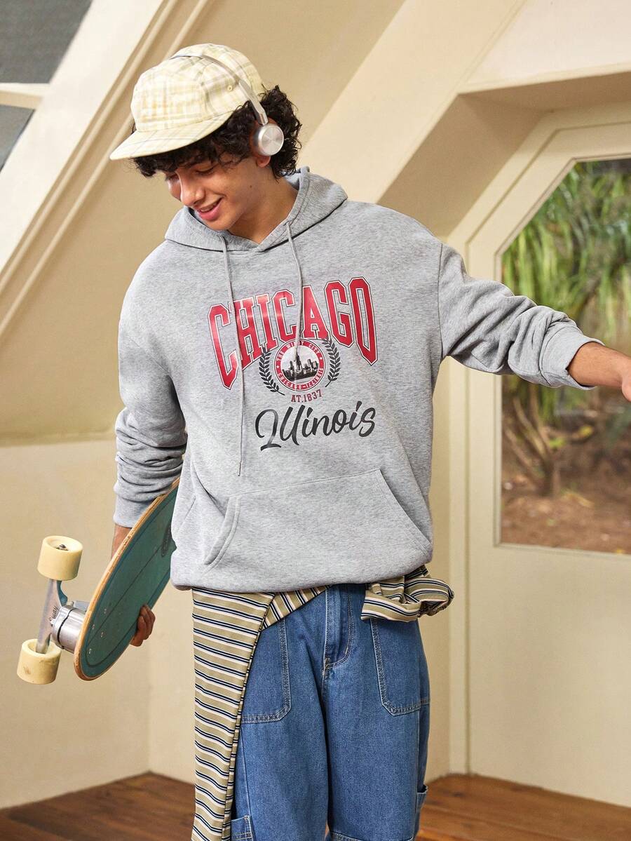 Whitmere Krometka Men's Hoodie, New Autumn/Winter Street Preppy Lettering Fashion Chicago Illinois Graphic Print Fleece Pullover Sweatshirt - Grey - View 1
