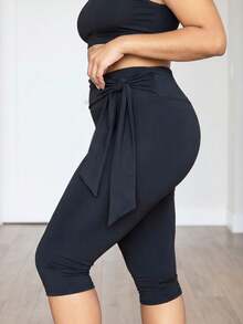 SHEIN Core Rhythm Plus Size Women's One-Piece Solid Color Sports Leggings With Drawstring Waistband & Long Pants - Black - View 4