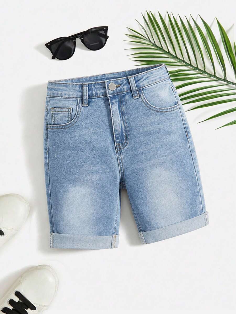 SHEIN 青少年男童时尚休闲蓝色牛仔简约基础款弹力修身牛仔短裤,柔软舒适,适合日常穿着和青少年男童夏季服装 - 淺色水洗藍 - 查看 1
