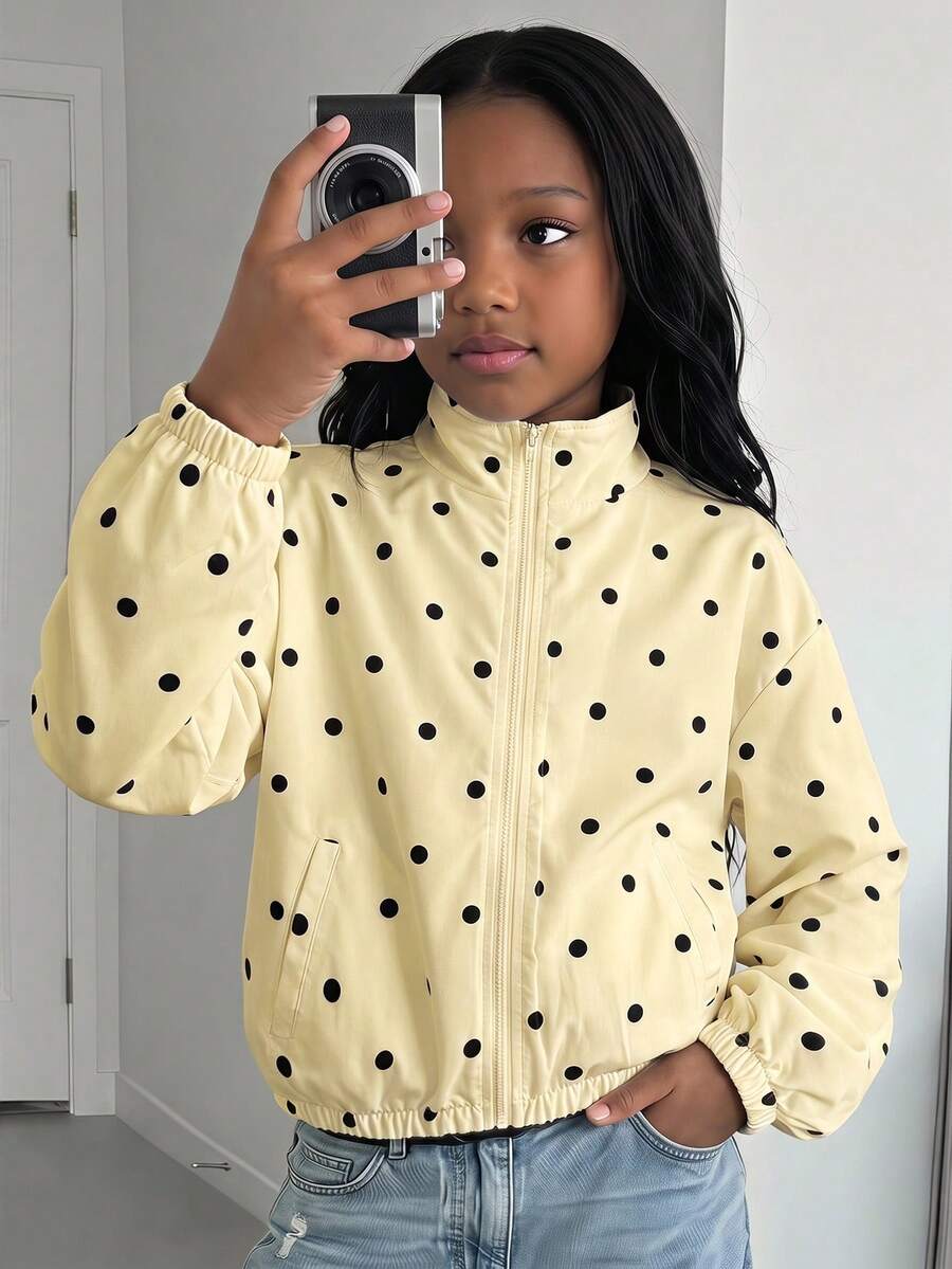 SHEIN Tween女孩秋季新款波點圖案寬鬆立領外套 - 黃色 - 查看 1
