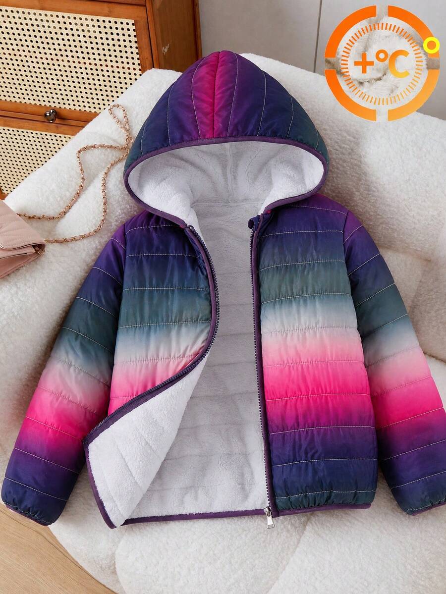 SHEIN 女童休閒時尚漸層色棉墊外套,3合1設計,含保暖內裡與棉填充,寬鬆版型,舒適,適合秋冬日常通勤、外出、聚會與拍照 - 玫紅色 - 查看 1