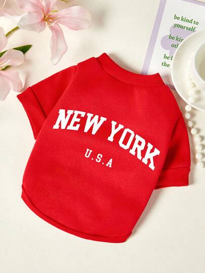 PETSIN 1pc White USA Letter New York Printed Pet In Red Casual Style, Thick And Warm, Gentle And Comfortable. Pets Do Not Wear Hats Clothes