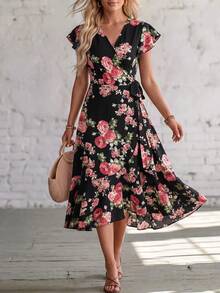 SHEIN Holidaya Women's Floral Printed Wrap Style Midi Dress Maxi Women Outfit - Black - View 1