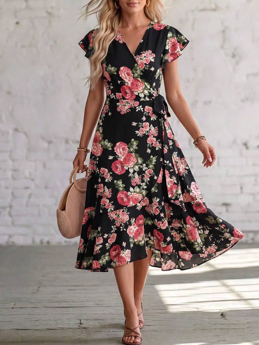 SHEIN Holidaya Women's Floral Printed Wrap Style Midi Dress Maxi Women Outfit - Black - View 1