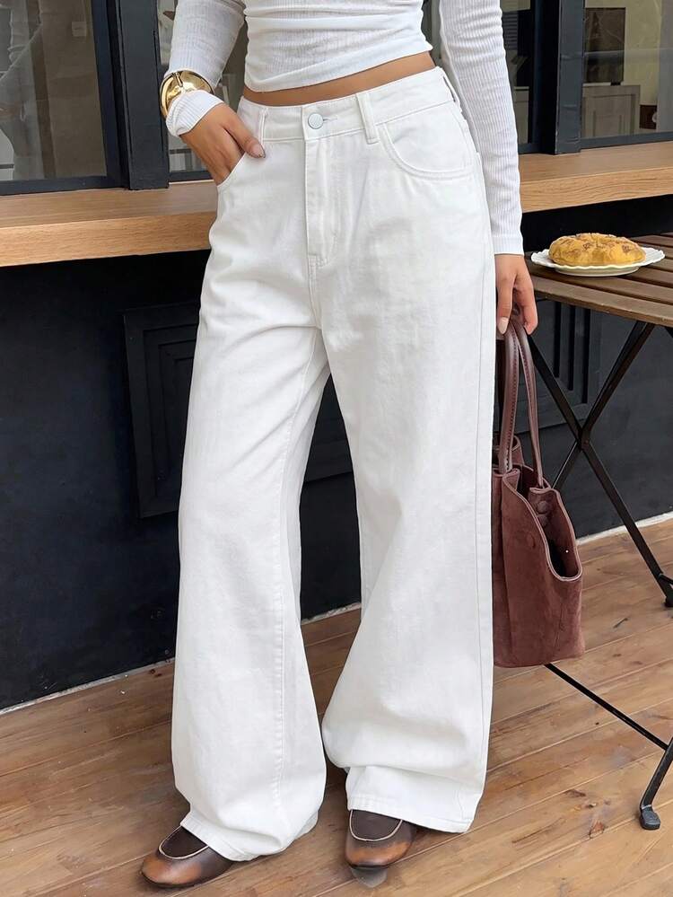 Teen Girl Pocket Wide Leg Loose Casual Denim Jeans - White - View 3