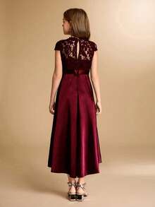 Tween Girls Peter Back To School Pan Collar Puff Sleeve Ruffle Bow Dress, Elegant Spring Summer - Burgundy - View 2
