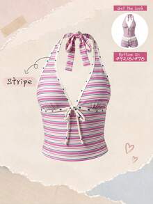Elavelle Women's Spring/Summer Random Print Spaghetti Strap Bow Bikini Top - Multicolor - View 1