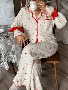 CottageSlumber Red And White Checkered Cherry Print Pajama Set, Sweet Tie Bow Cuffs Ruffle Hem Long Pants Loungewear 2 Pieces Set Sleep Autumn Cute Kawaii - Multicolor - View 3