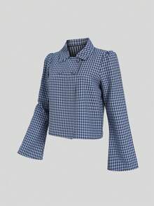 Sweetra Spring/Autumn New Long Sleeve Bell Sleeve Plaid Jacket, Fashionable And Minimalist, Suitable For Daily Wear And Commuting - Blue - View 4