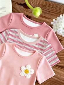 Baby Girl 3pcs -Piece Set Of Short-Sleeved Tee With Shorts Floral Decoration For Casual Everyday Wear - White - View 3