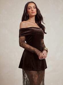 Silquee An Elegant French-Style Women's Workwear Set, Featuring A Coffee-Colored, Waist-Cinching A-Line Top And A Lace Skirt.Suitable For Daily Commuting And - Brown - View 7