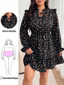 Enliva Plus Size Women's Apple Shape Black Floral Mini Dress, Long Sleeve Ruffle Trim Belted Dress Dinner Office Club Autumn Cute Boho Bohemian Fall - Black - View 1
