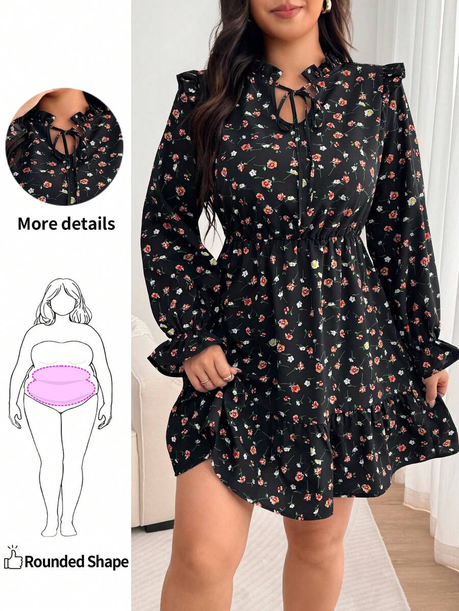 Enliva Plus Size Women's Apple Shape Black Floral Mini Dress, Long Sleeve Ruffle Trim Belted Dress Dinner Office Club Autumn Cute Boho Bohemian Fall - Black - View 1