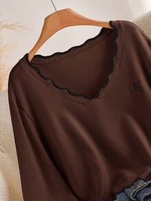 CosyJoli Plus Size Women Solid Color Casual Versatile Daily Wear Long Sleeve Sweater Winter - Coffee Brown - View 4
