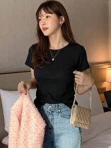 DAZY Women's Round Neck Solid Color Basic White Short Sleeve T-Shirt, Spring/Summer - Black - View 4
