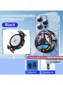 1pc With Digital Display, Black Semiconductor Cooling, Ice Making, Mobile Phone Cooling Fan, Magnetic Suction, Android, Apple Phone, Tablet, Universal Fan, Gaming, Entertainment, Live Streaming Cooling Device, RGB Light Effect 5V3A Technology - Multicolor - View 1