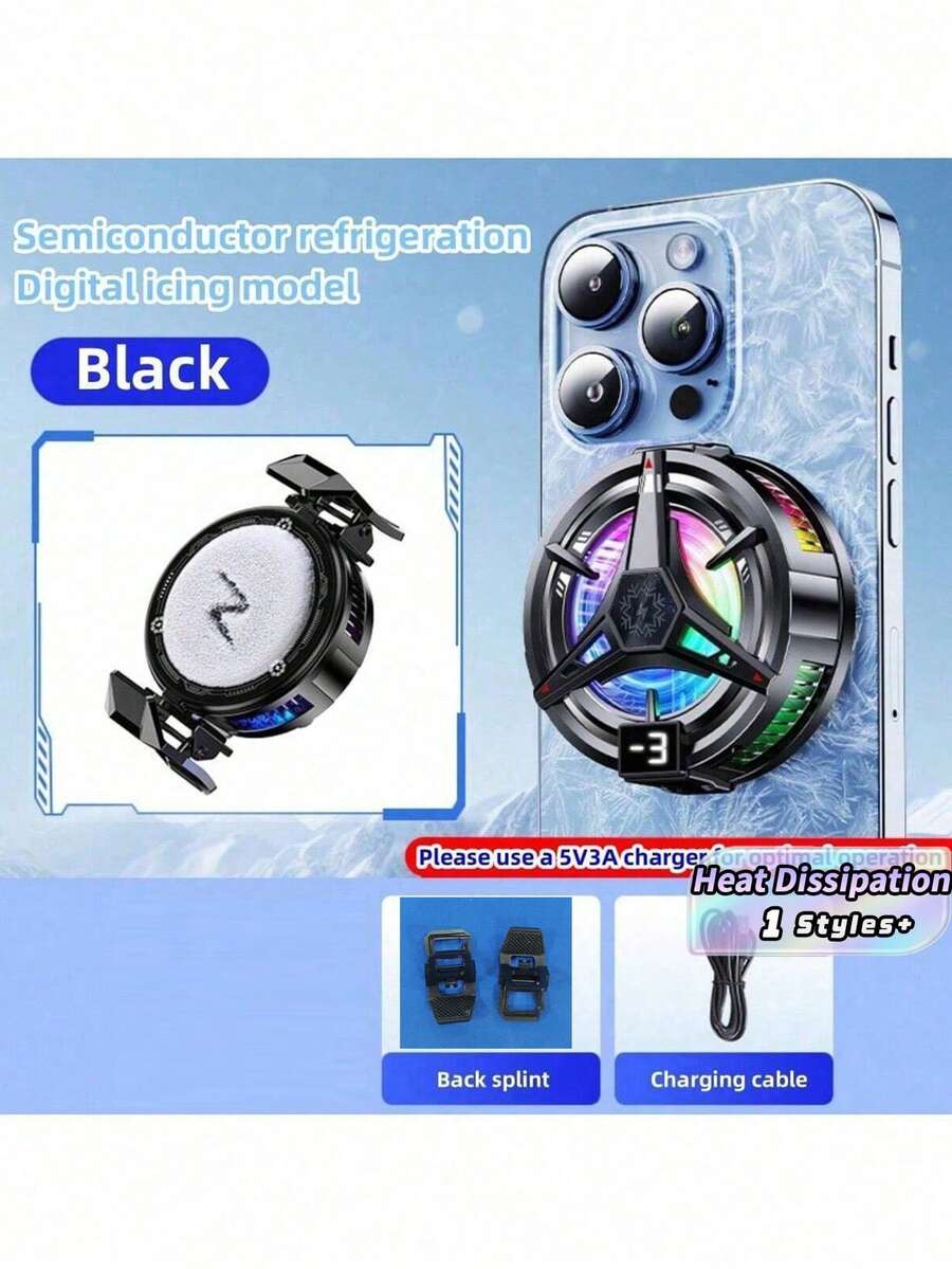 1pc With Digital Display, Black Semiconductor Cooling, Ice Making, Mobile Phone Cooling Fan, Magnetic Suction, Android, Apple Phone, Tablet, Universal Fan, Gaming, Entertainment, Live Streaming Cooling Device, RGB Light Effect 5V3A Technology - Multicolor - View 1