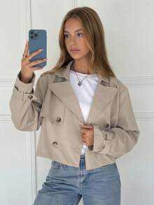 SHEIN Teen Girls Autumn/Winter Casual Classic Military Style Double-Breasted Lapel Trench Coat, Youth Fashion Outfit, Suitable For Back To School, Daily Wear, Khaki Back To School Jacket - Khaki - View 2