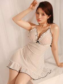 DelicateAllure Gaun Tidur Wanita Manis dan Imut dengan Motif Polkadot Transparan, Leher V Dalam, dan Hiasan Rumbai, Motif Jala Berwarna Pink. - Putih - View 1