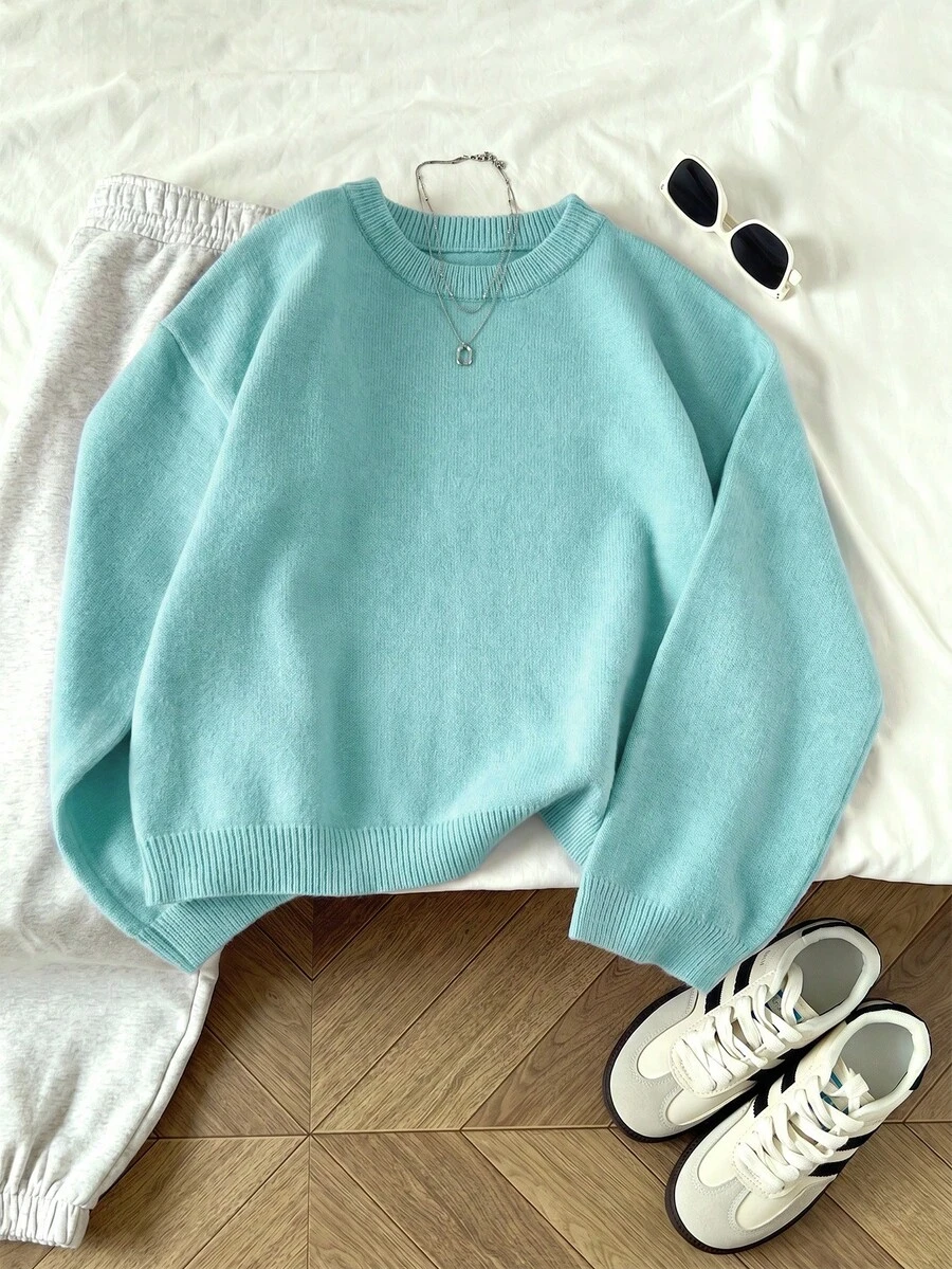 SHEIN Unity 女款素色休閒百搭日常穿著長袖針織衫 - 水藍色 - 查看 1
