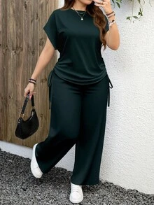 EMERY ROSE Casual Minimalist Leopard Print Plus Size 2 Pieces Set, Suitable For Summer - Dark Green - View 1