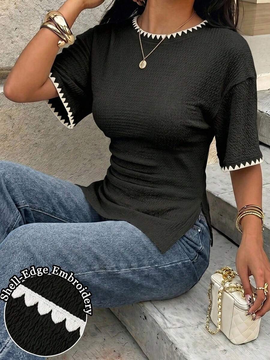 Aloruh 女款黑色紋理圓領T恤,抽褶腰部、側開衩、波浪邊下擺,波希米亞/沙灘風 - 黑色 - 查看 1