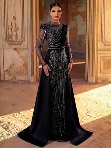 Aureia Elegant Formal Queen Luxurious Beaded Bubble Embroidery Sequin Patchwork Satin Sheer Sleeve Mermaid Skirt Conservative Wedding Party Evening Black - Black - View 4
