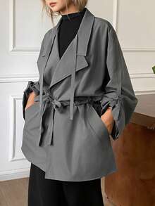 DAZY Jaket Trench Coat Kasual Urban Lengan Panjang Longgar Berkerah untuk Wanita, Musim Gugur - Dark Grey - View 5