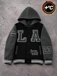 SHEIN 男童秋季抓絨內裡長袖連帽夾克，黑灰拼接連帽抓絨棒球夾克，LA字母印花搭配多款美式標語印花，寬鬆落肩版型，幼童上學旅行復古風兒童夾克，校園夾克，戶外夾克 - 黑色 - 查看 3