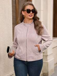 EMERY ROSE Plus Size Women's Autumn/Winter Casual Baggy Streetwear Elegant Fashion Faux Suede Zip Up Pink Jacket With Pockets, Party Club Family Office Fall Coat - Pink - View 2