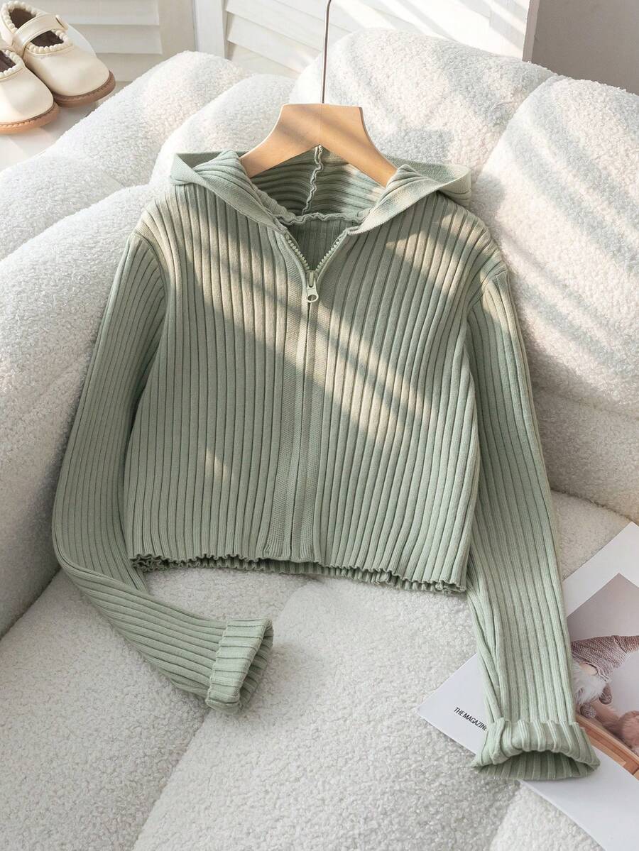 Tween Girl Solid Color Long Sleeve Zip-Up Hooded Knit Cardigan - Green - View 1