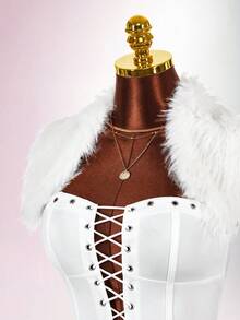 Amplova Faux Fur Collar High Elasticity Color Block Bodycon Bodycon Waist-Cinching Eyelet Ultra Short Mini Women's Bodysuit - White - View 7