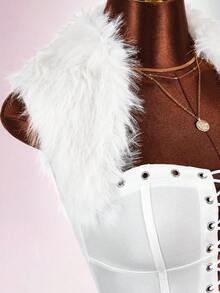 Amplova Faux Fur Collar High Elasticity Color Block Bodycon Bodycon Waist-Cinching Eyelet Ultra Short Mini Women's Bodysuit - White - View 9