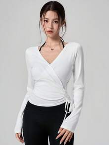DAZY 秋季運動休閒風字母印花露肩白色條紋拼接上衣 修身袖女款運動T恤運動衫健身衫 - 白色 - 查看 6