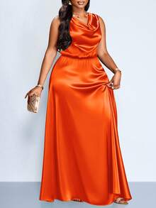 SOLERSUN Plus Size Women's Elegant Party Dress For Women, Suitable For Important Occasions Such As Birthday Parties, Graduation Season, Afternoon Tea, Thanksgiving, And Wedding Season. Features Include A Draped Neckline, Sleeveless Design, High Waist, A-Line Silhouette, And Extra-Long Length. Made From Satin/Silk-Like Material, Perfect For Summer. - Orange - View 7