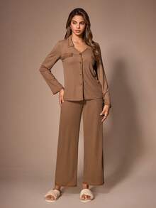 Lazeform Women's Vintage Textured Lapel Long Sleeve Wide Leg Drape Elastic Loungewear Set - Coffee Brown - View 6