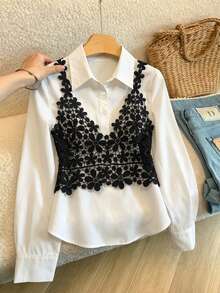 GlowEve Fall Clothes FOR WomenWomen's Lace Patchwork 2 In 1 Blouse - Black and White - View 6