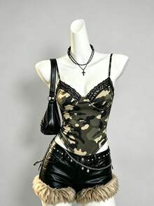 INAWLY Summer Fashion Camouflage Lace Patchwork Spaghetti Strap Camisole - Multicolor - View 3