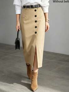 SHEIN PariChic Commuter Khaki High Waist Slimming Single-Breasted Front Slit Mid-Length Bodycon Pencil Skirt - Khaki - View 6