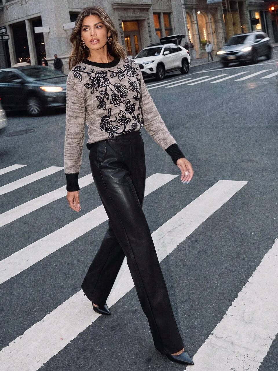 Anewsta Autumn/Winter Gradient Grey Knit Sweater, Long Sleeve Soft Knit Top, Sequin Embroidered Floral Vintage Lazy Vibe Knitwear